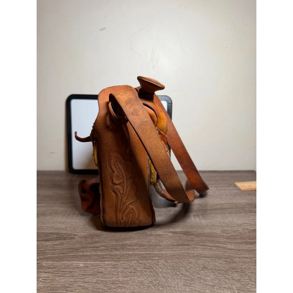 Western Shoulder Bag Horse Saddle Hand Tooled Leather Brown Medium